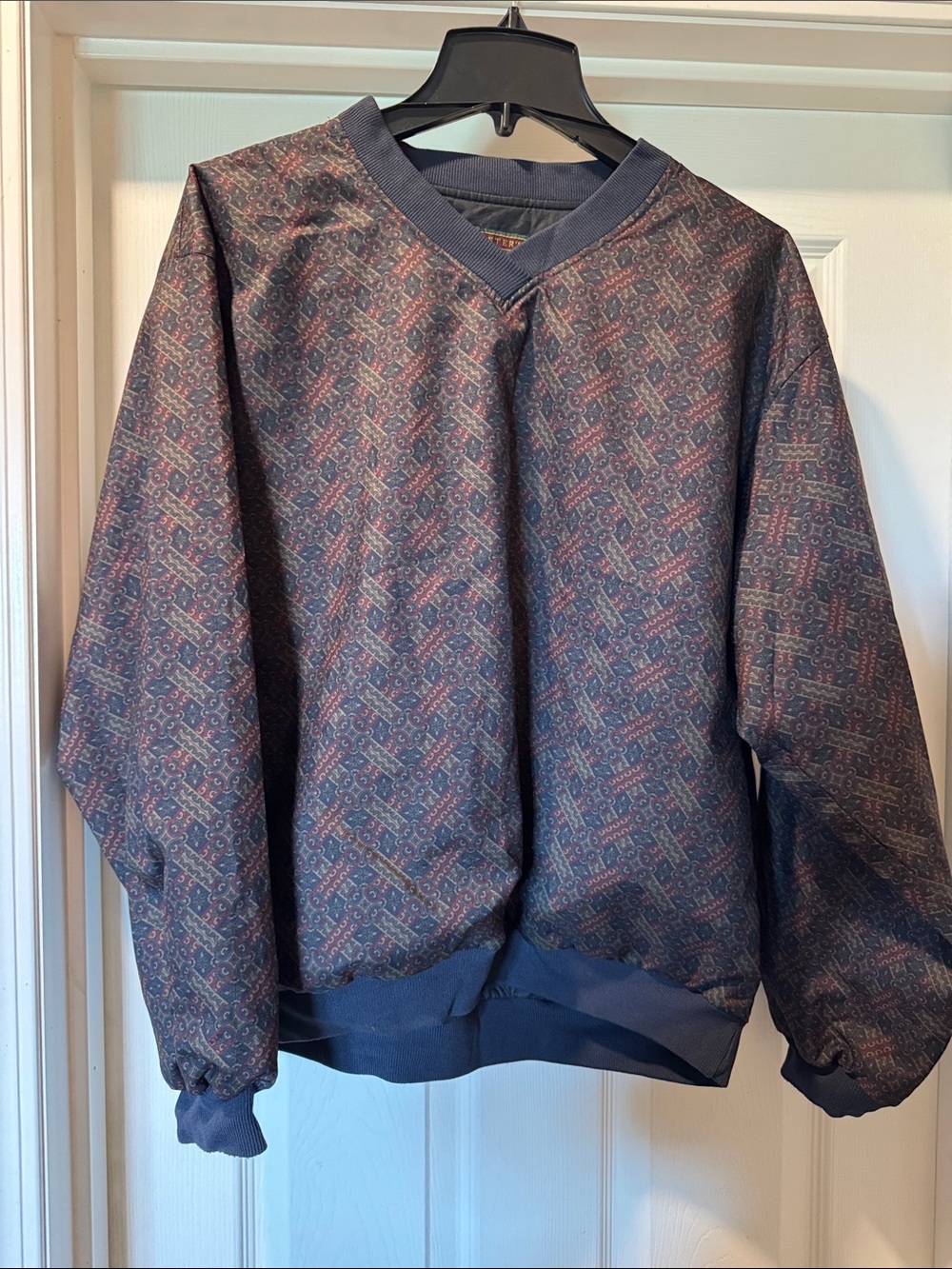 Vintage Men's Patterned Windbreaker Pullover Jacket - Navy